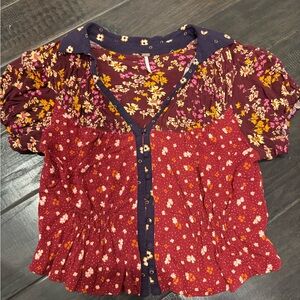 Free People Floral Patchwork Button-Front Blouse in Burgundy, Navy, Mustard